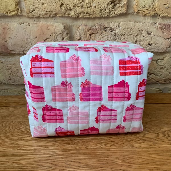 Pink Cake Slices Print Quilted Fabric Box Shape Wash Bag