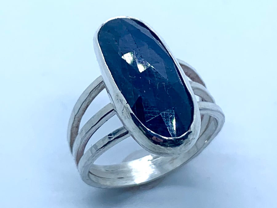 Deep Blue Sapphire Stone on Sterling Silver Ring, 100% Handmade, (UK. O to P)