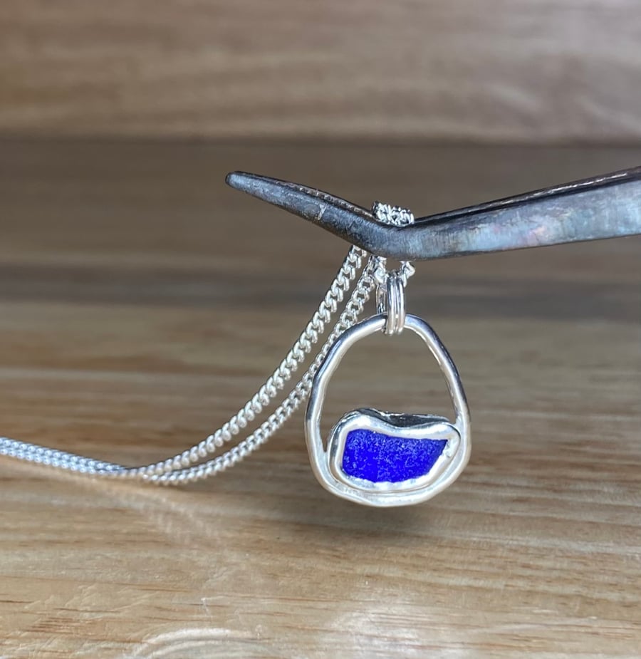 Handmade Sterling Silver Pendant & Cobalt Blue Welsh Sea Glass & Silver Chain