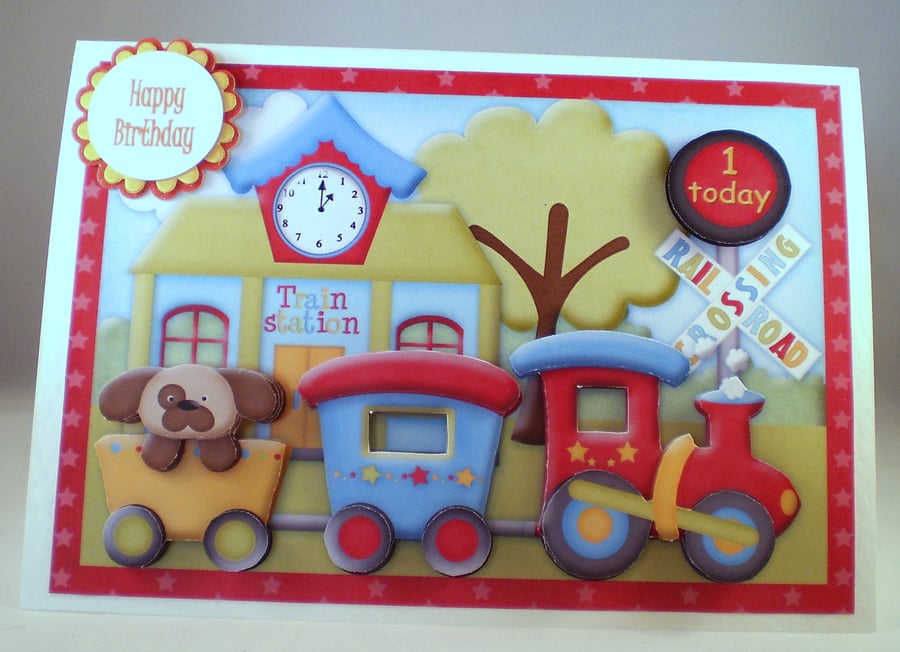 Handmade Childrens Train 1st Birthday Card, 3D, Decoupage,  Personalise