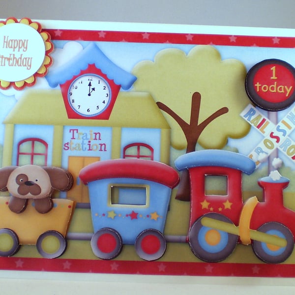 Handmade Childrens Train 1st Birthday Card, 3D, Decoupage,  Personalise