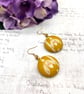 Snowdrop earrings mustard yellow metallic copper accents fabric button jewellery - Image 2