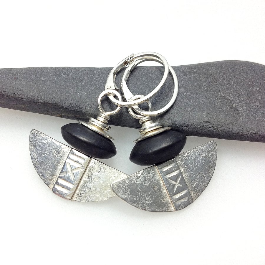 Silver and black onyx tribal blade earrings.