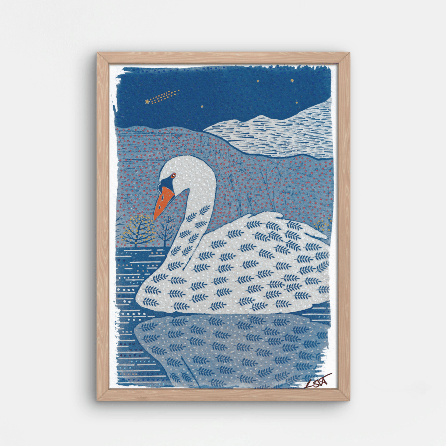 Swan Hand-Finished Cyanotype Art Print  OOAK