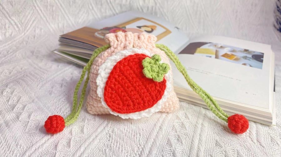 Crochet Strawberry Drawstring Bag