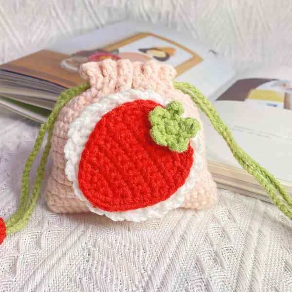 Crochet Strawberry Drawstring Bag