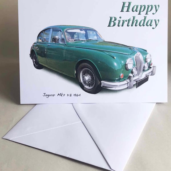 Jaguar Mk2 3.8 1964 (Green) - Birthday, Anniversary, Retirement or Plain Card