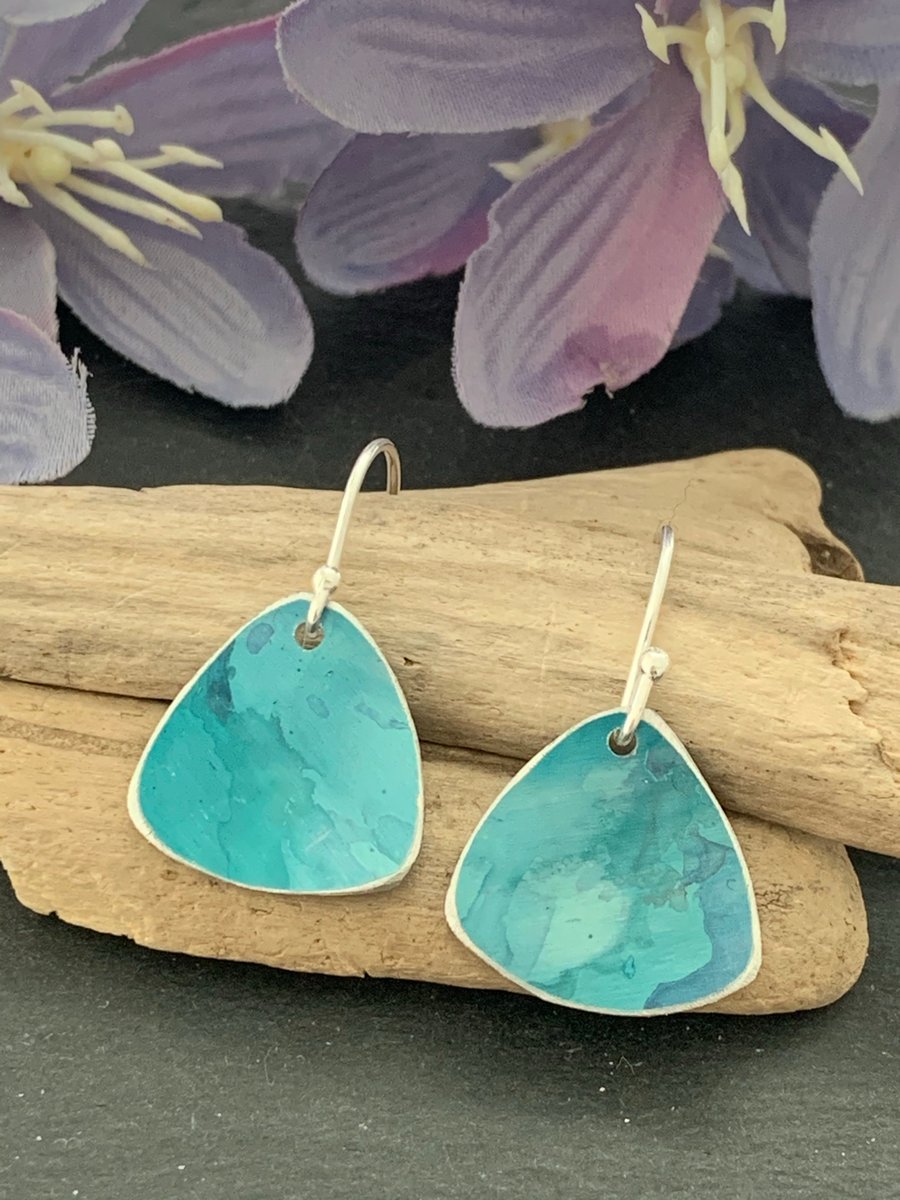 Printed Aluminium and sterling silver earrings - Green and Blue