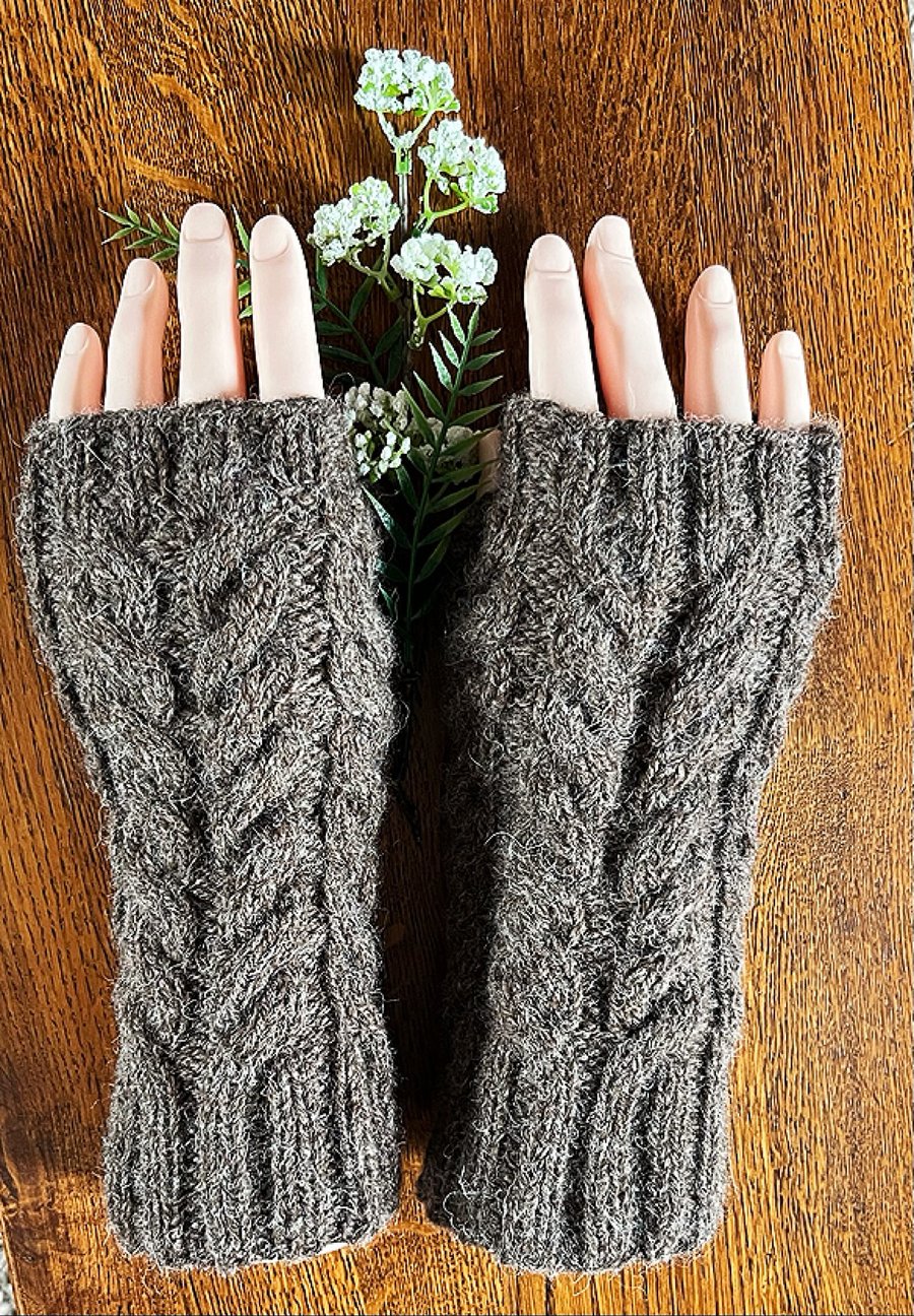 Knitted Scottish Aran Wool Fingerless Mittens - Fits Average Womans Hand Size
