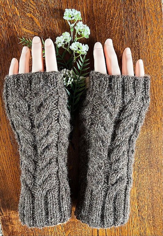 Knitted Scottish Aran Wool Fingerless Mittens - Fits Average Womans Hand Size