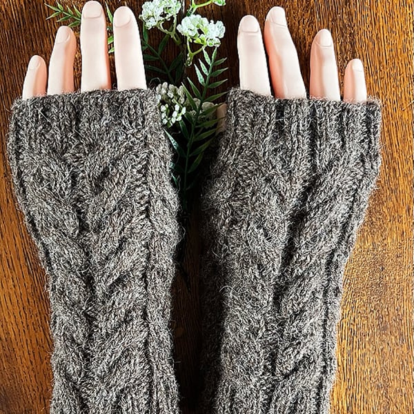 Knitted Scottish Aran Wool Fingerless Mittens - Fits Average Womans Hand Size