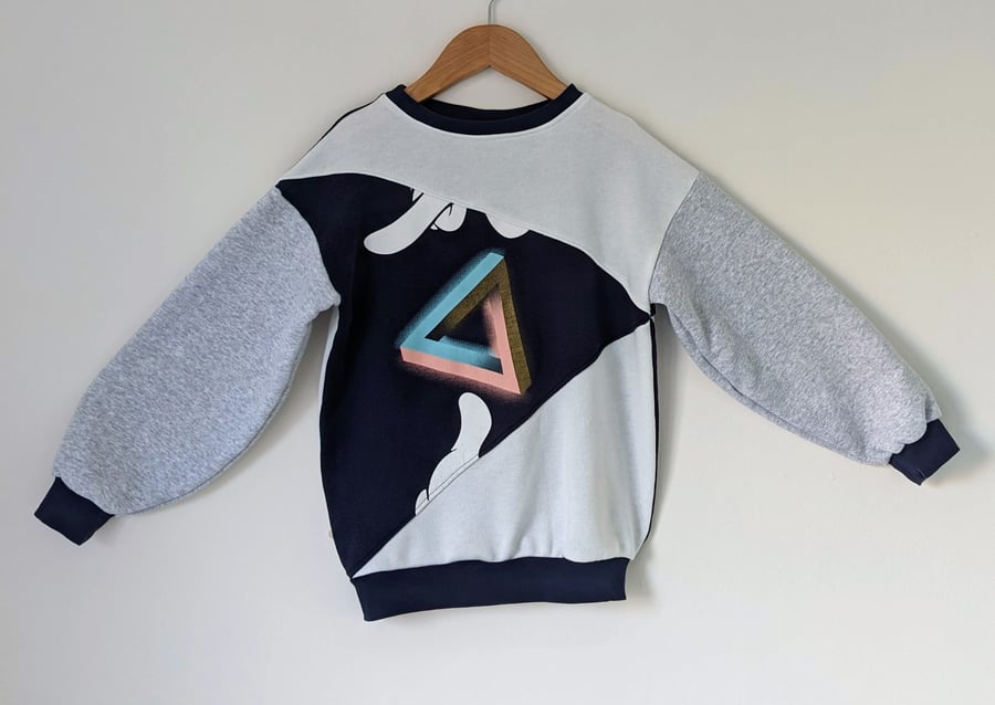 Upcycled kids jumper with infinity triangle detail, age 5-7 years 