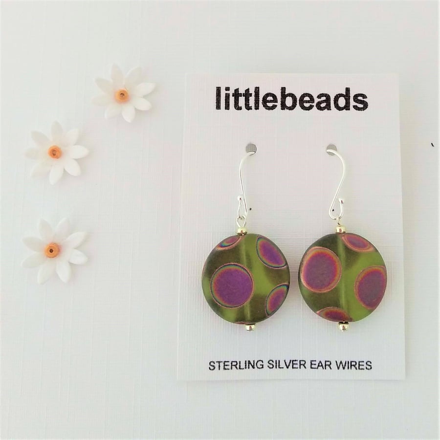 Olive Green Peacock Czech Glass Beaded Sterling Silver Earrings