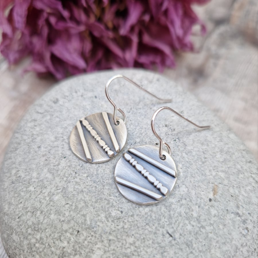 Sterling Silver Oxidised Patterned Disc Earrings
