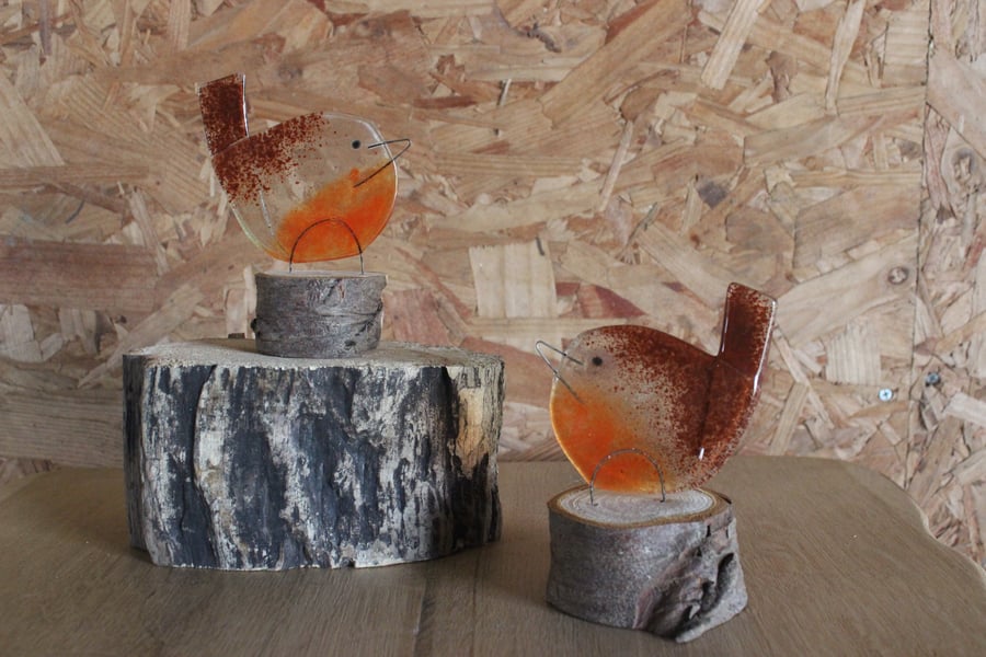 Fused glass robin on wood