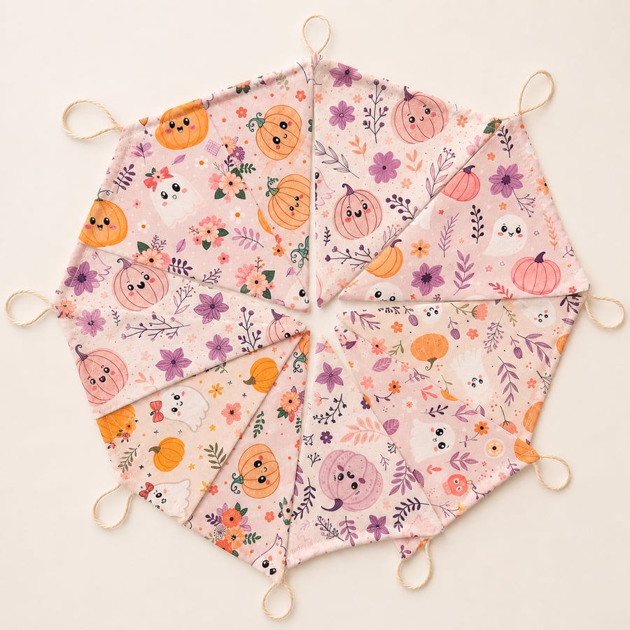 Handmade Pastel Halloween Fabric Bunting – 10 Flag Ghost & Pumpkin Garland