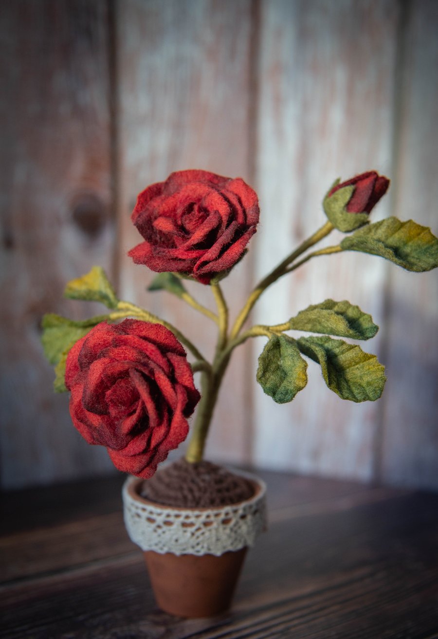 Carmine Garden Rose in Terracotta - Deep Red Felt Bloom