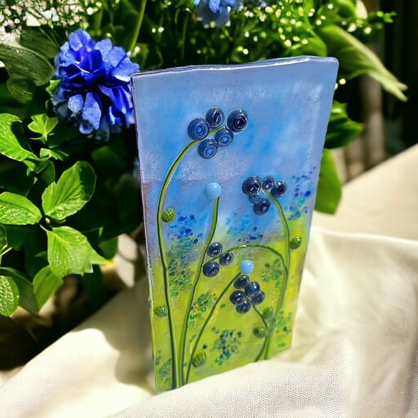 Glass Candle Tealight Holder with blue Flowers. Ideal Gift, Unique Home Decor.