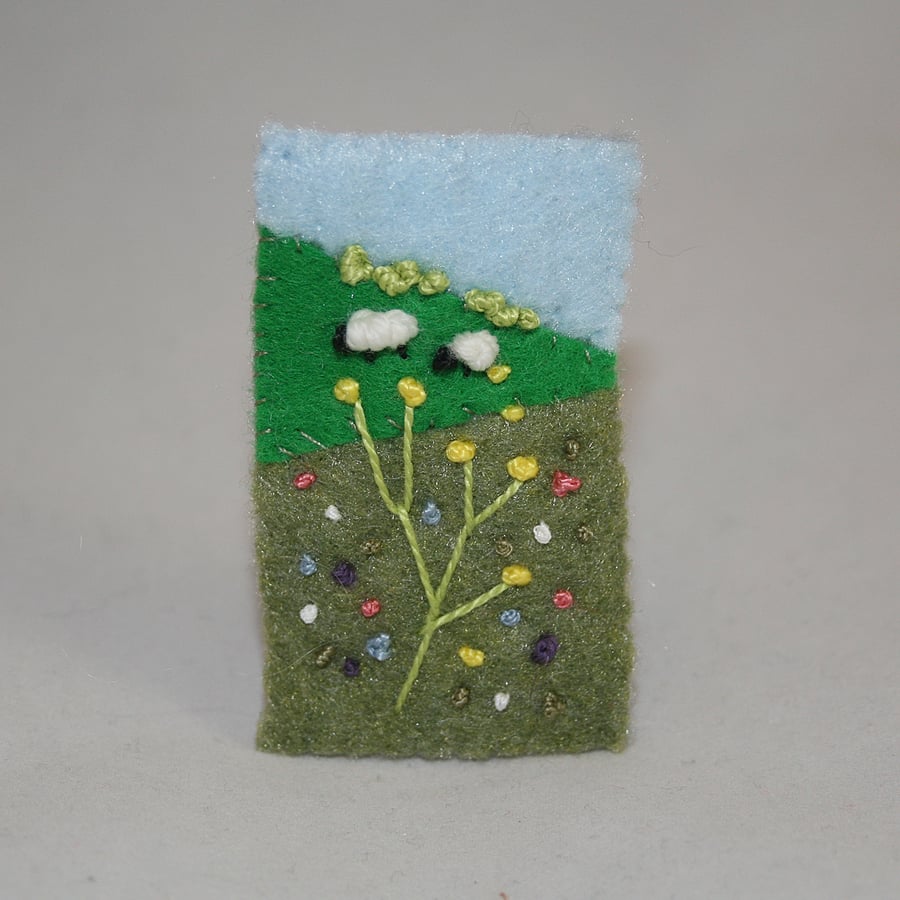 Embroidered Brooch - Summer Meadow and sheep