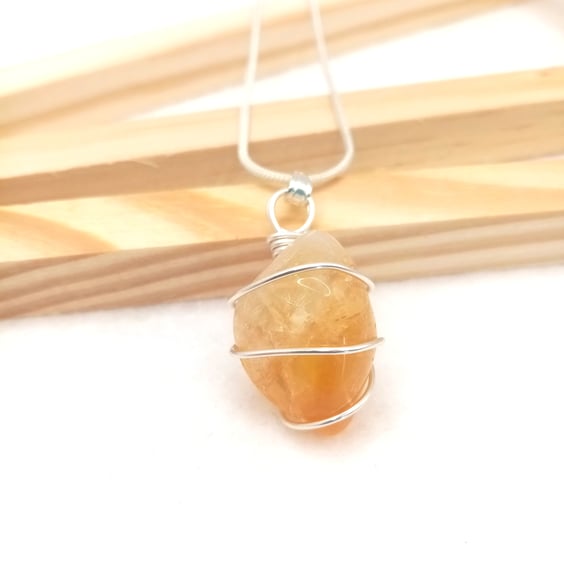 Citrine Tumble Stone Necklace, Wire Wrapped Gemstone, Citrine Necklace