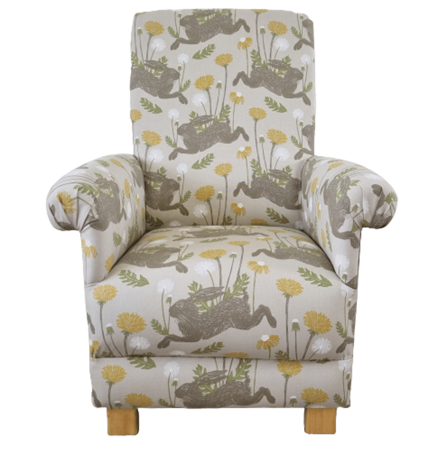 March Hares Linen Ochre Fabric Adult Chair Animals Armchair Yellow Small Accent