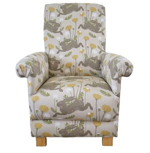 March Hares Linen Ochre Fabric Adult Chair Animals Armchair Yellow Small Accent