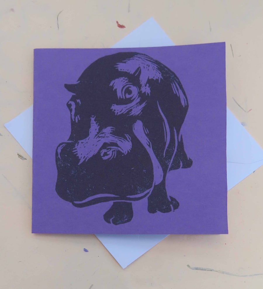 Hippo Art Greeting Card From Original Lino Cut Print Purple