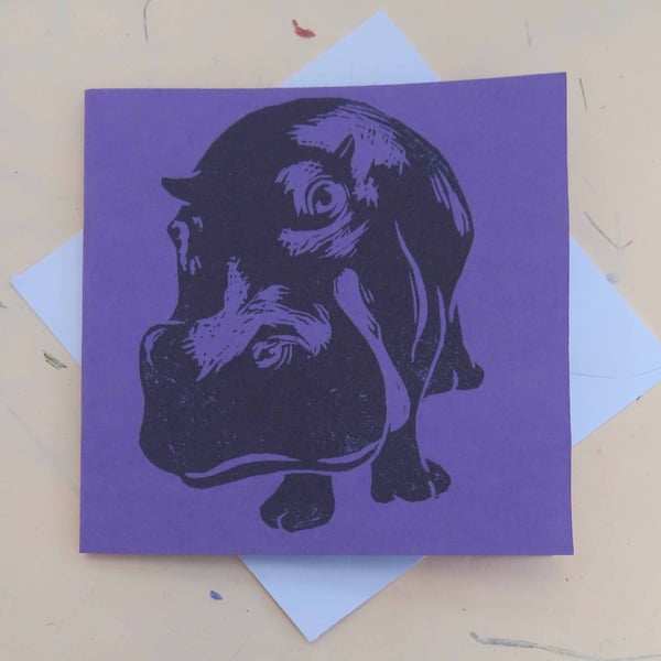 Hippo Art Greeting Card From Original Lino Cut Print Purple