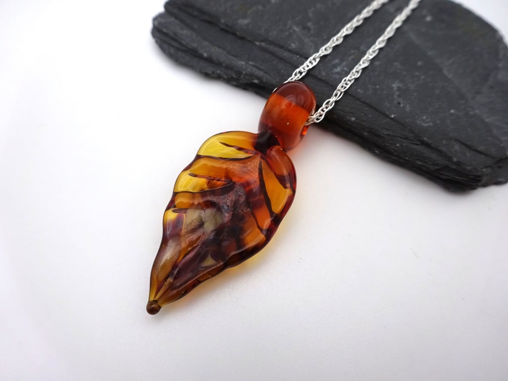 amber leaf lampwork glass pendant