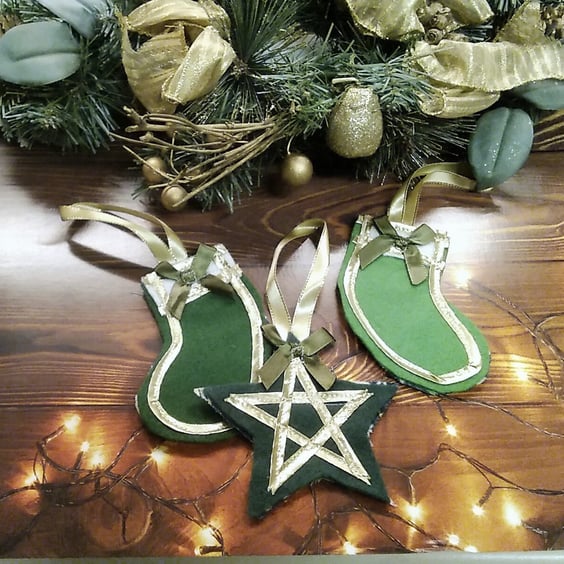 Christmas Tree Decoration, Stocking, Star Green and Gold Felt Ornament