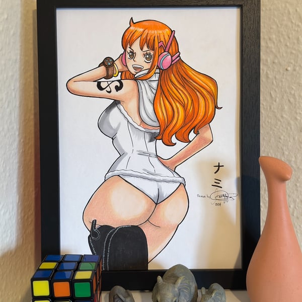 Original Hand-Drawn Female Anime Portrait. Comes with a frame.