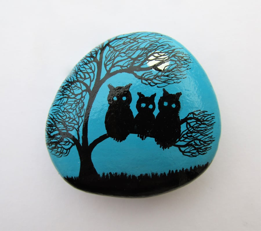 Three Owls Moon Tree Painting on Rock, Stone Art Painting, Unique Art Gift