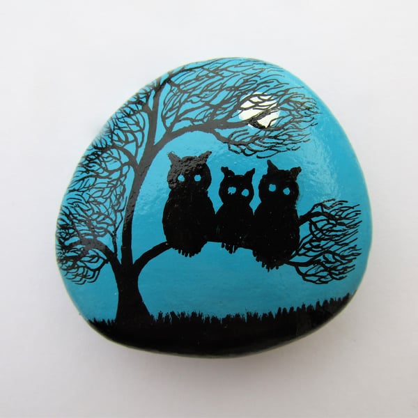Three Owls Moon Tree Painting on Rock, Stone Art Painting, Unique Art Gift