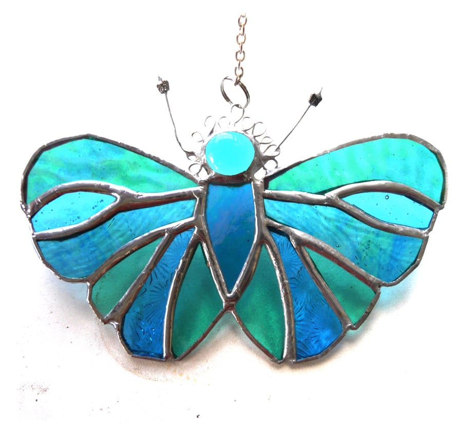SOLD 240718  Teal Butterfly Suncatcher Stained Glass Handmade 