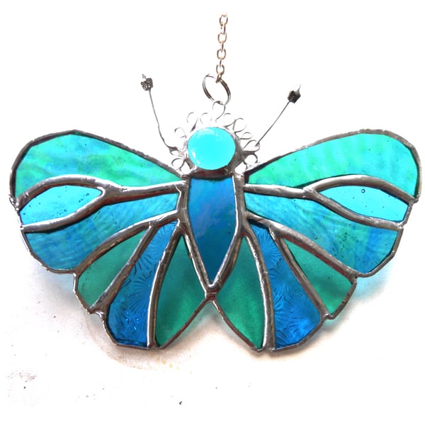Teal Butterfly Suncatcher Stained Glass Handmade 
