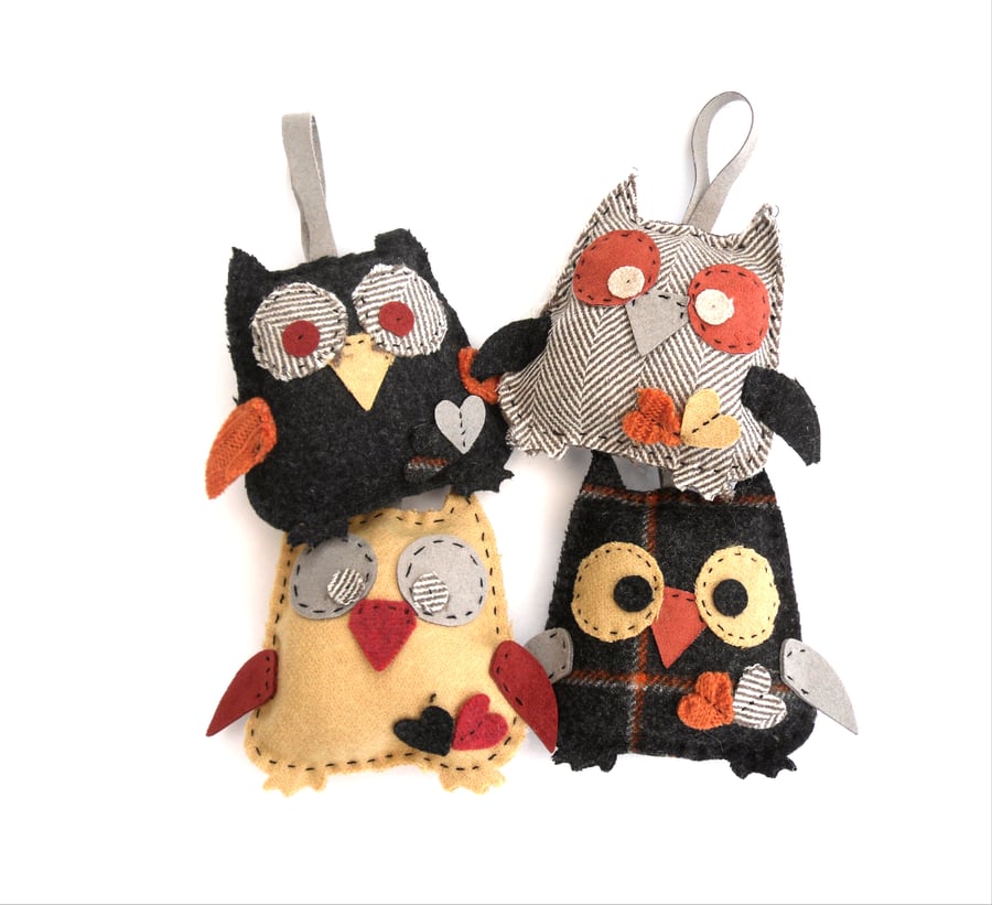 Felt Owl hanging ornament hand sewn from recycled wool 