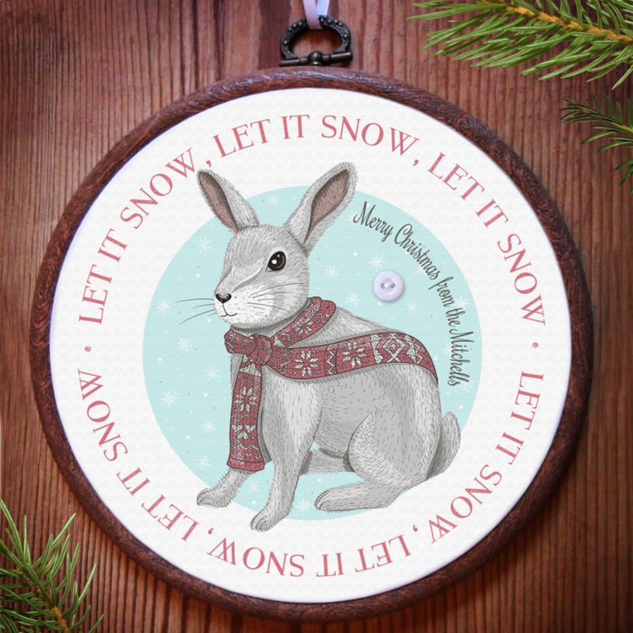 Christmas Rabbit Personalised Embroidery Hoop: handmade Christmas decoration