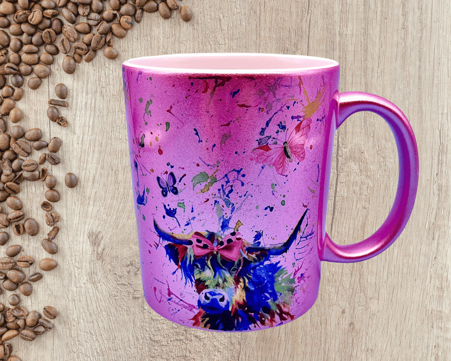 Pink shimmer mug, with watercolour cow design, can be personalised