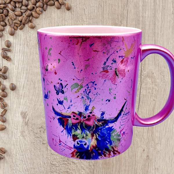 Pink shimmer mug, with high quality watercolour cow design, gift for her, gift f