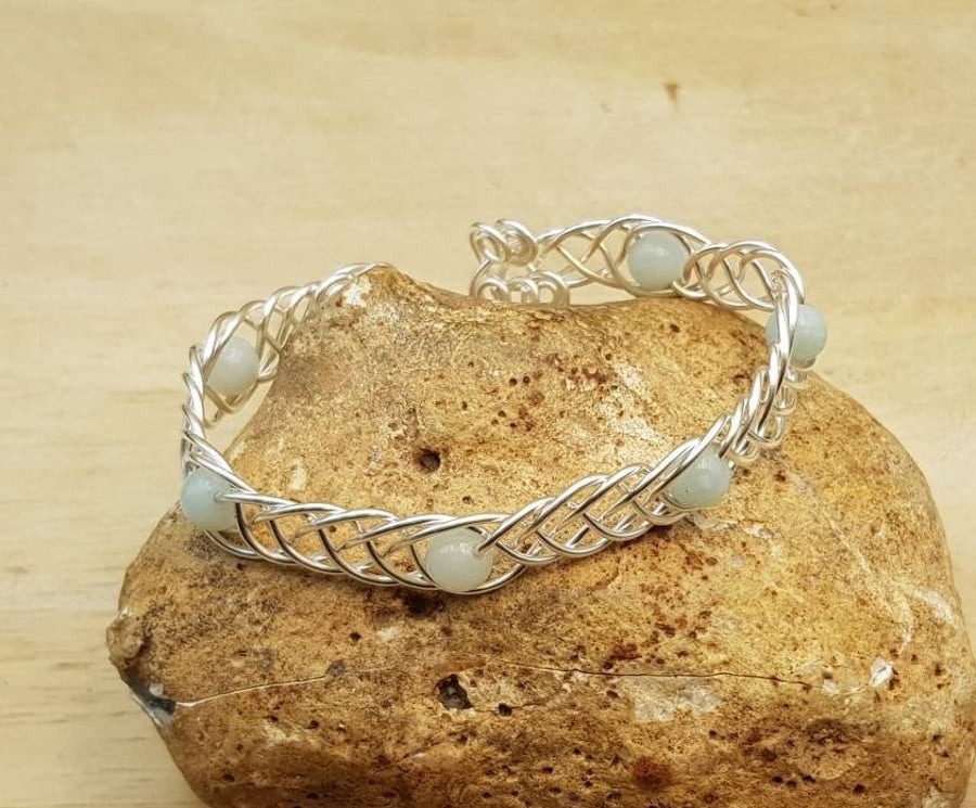 Celtic weave Aquamarine cuff bracelet. March birthstone.