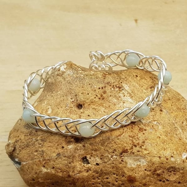 Celtic weave Aquamarine cuff bracelet. March birthstone.