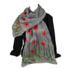 Long grey merino wool nuno felted scarf with poppy decoration