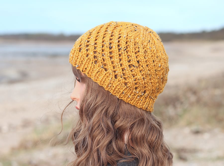 HAT knitted mustard tweed wool, winter hat, women's lace mesh beanie