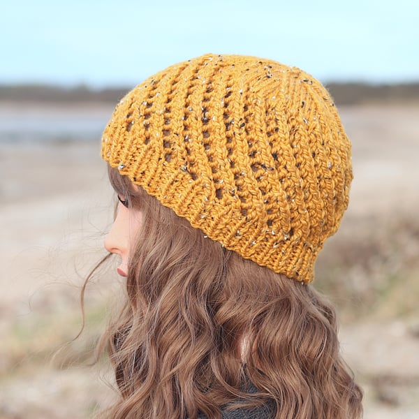 HAT knitted mustard tweed wool, winter hat, women's lace mesh beanie