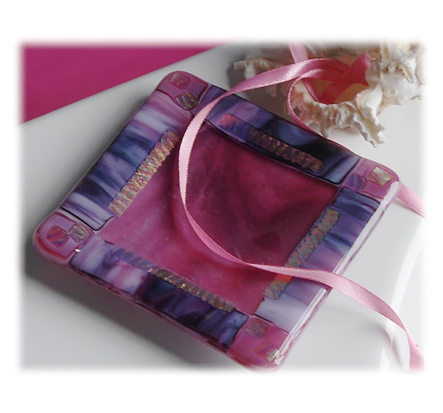 SOLD Pink Dichroic Dish 11.5cm Purple Border Fused Glass Square 