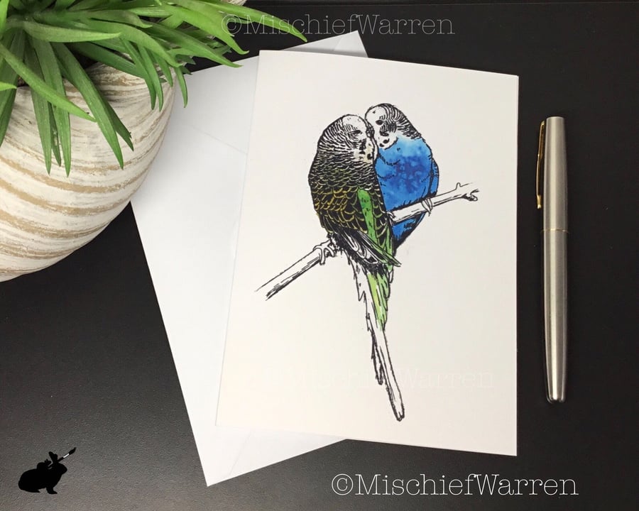 Budgerigar Art Card. Blank or Personalised Budgie card; birthday, Christmas,