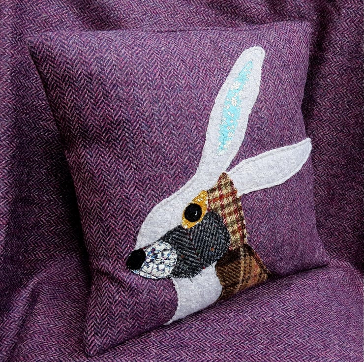 Hare Cushion, scrappy hare, wool cushion, with Folksy