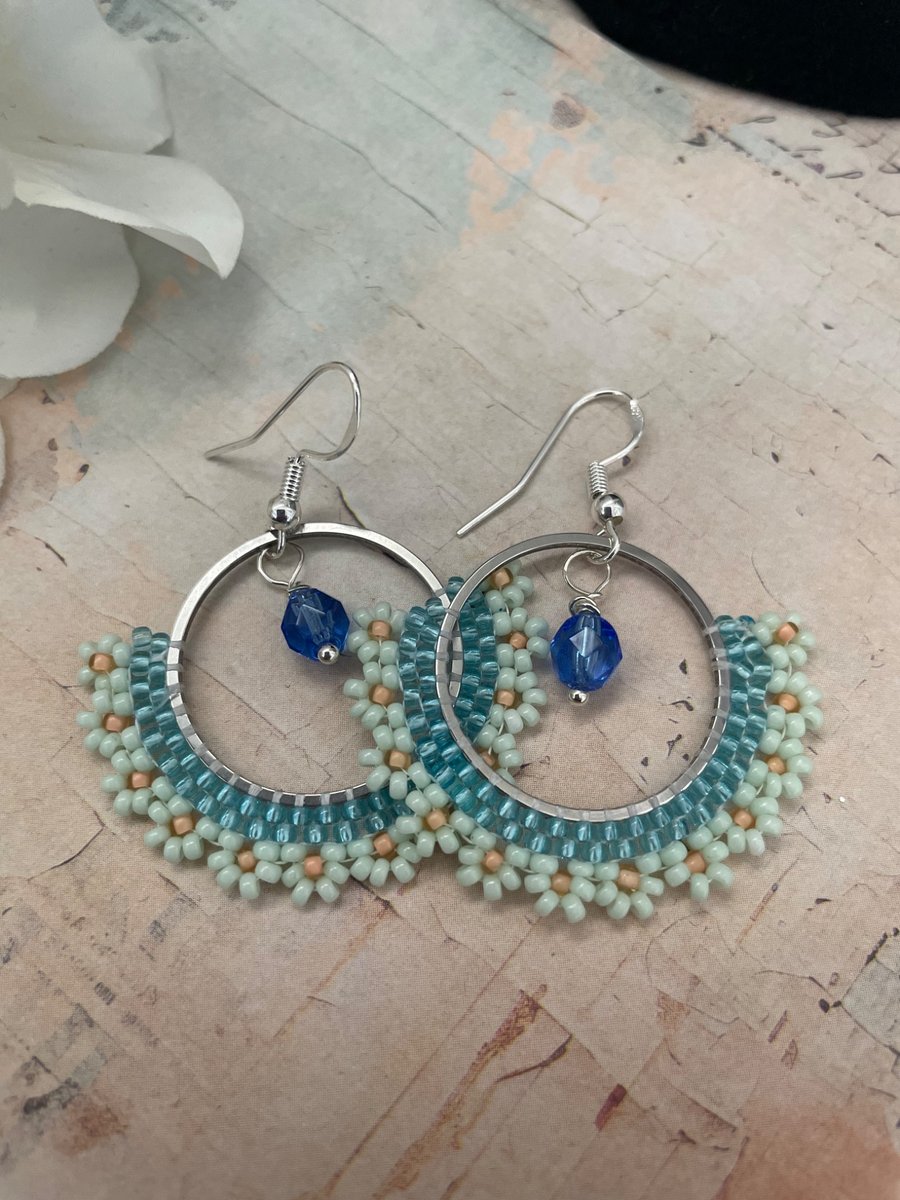 Pretty blue and mint daisy design glass beaded earrings, boho jewellery 