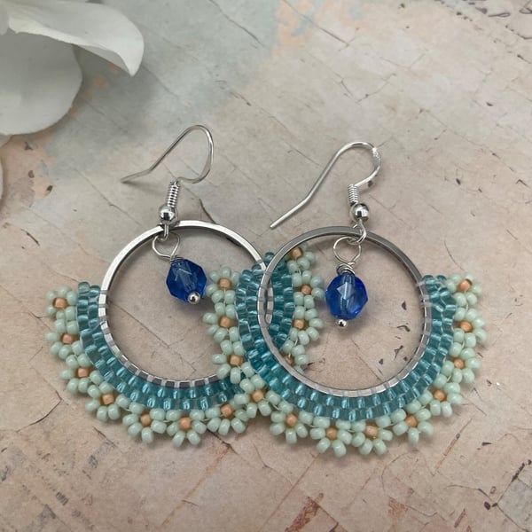 Pretty blue and mint daisy design glass beaded earrings, boho jewellery 