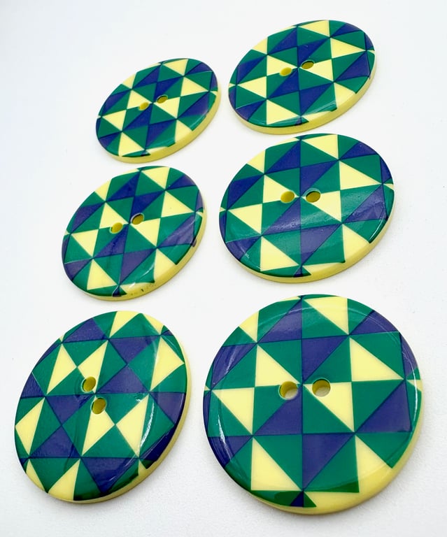 6 Large Buttons, 34mm Wide, Green, Navy & Yellow Triangles, Buy One Get One Free